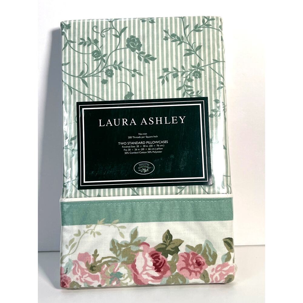 VTG Laura Ashley Cottage Rose Standard Pillowcase Set 2 Pink Green Stripe NIP